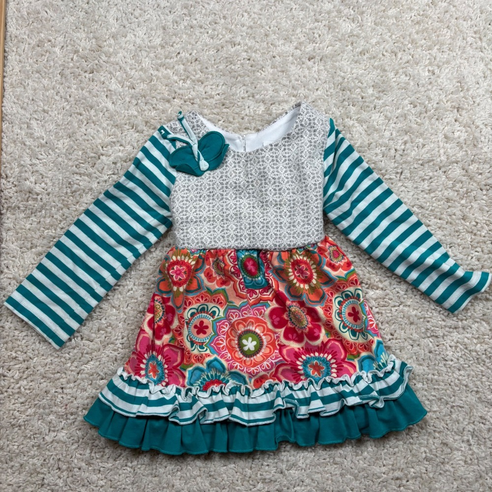 Counting Daisies Toddler Girl Dress 3T Striped Floral Ruffle Long Sleeve‎